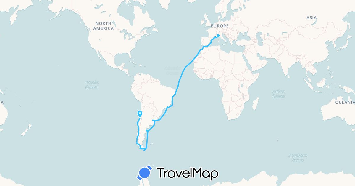 TravelMap itinerary: driving, boat in Argentina, Brazil, Chile, Cape Verde, Spain, France, Italy, Morocco, Uruguay (Africa, Europe, South America)
